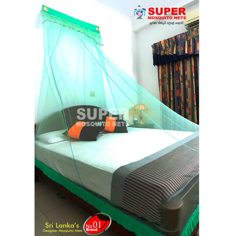 Super green wall mosquito net on bed.jpg